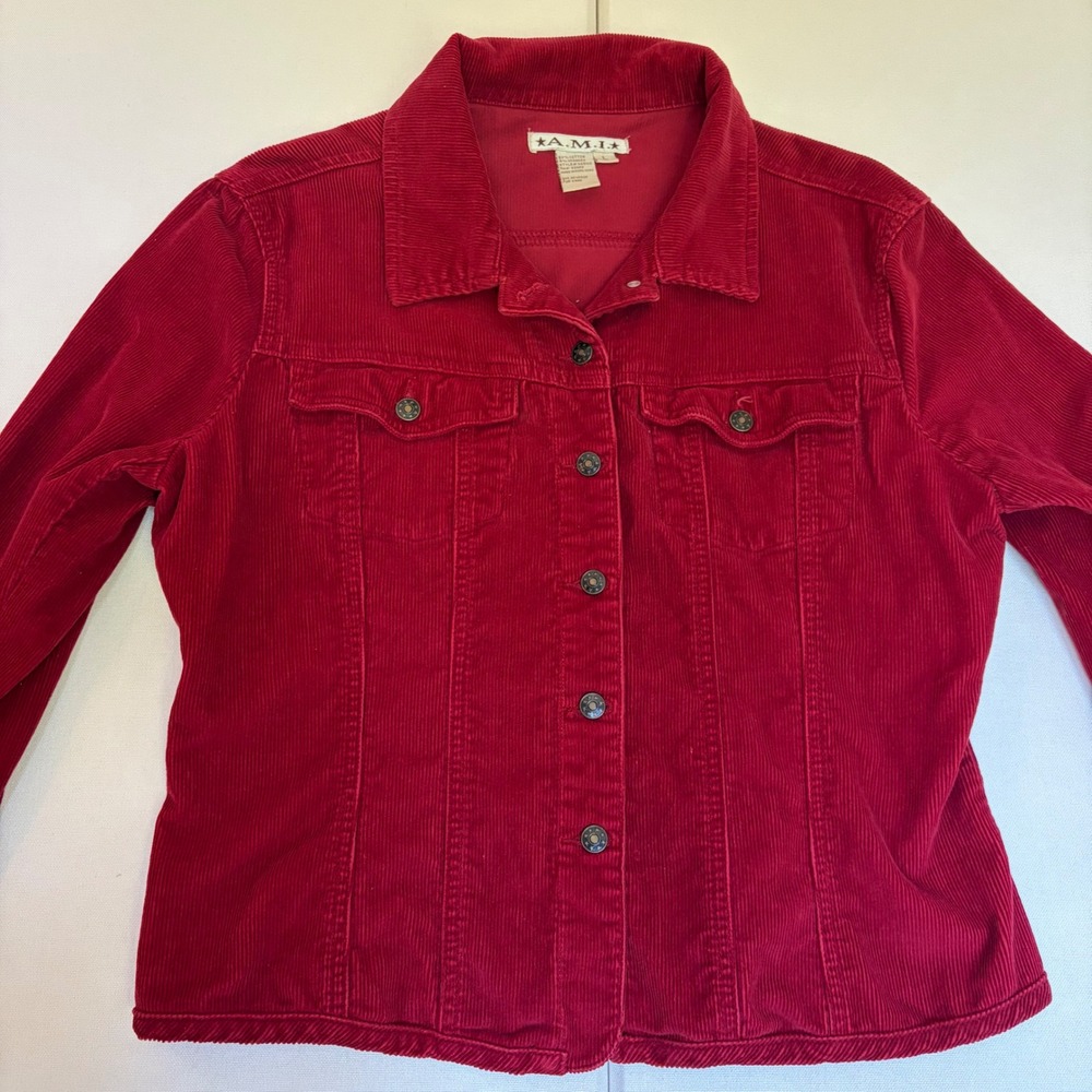 AMI Vintage Red Corduroy Jacket Womens Large Stretch Button Up Trucker S45102